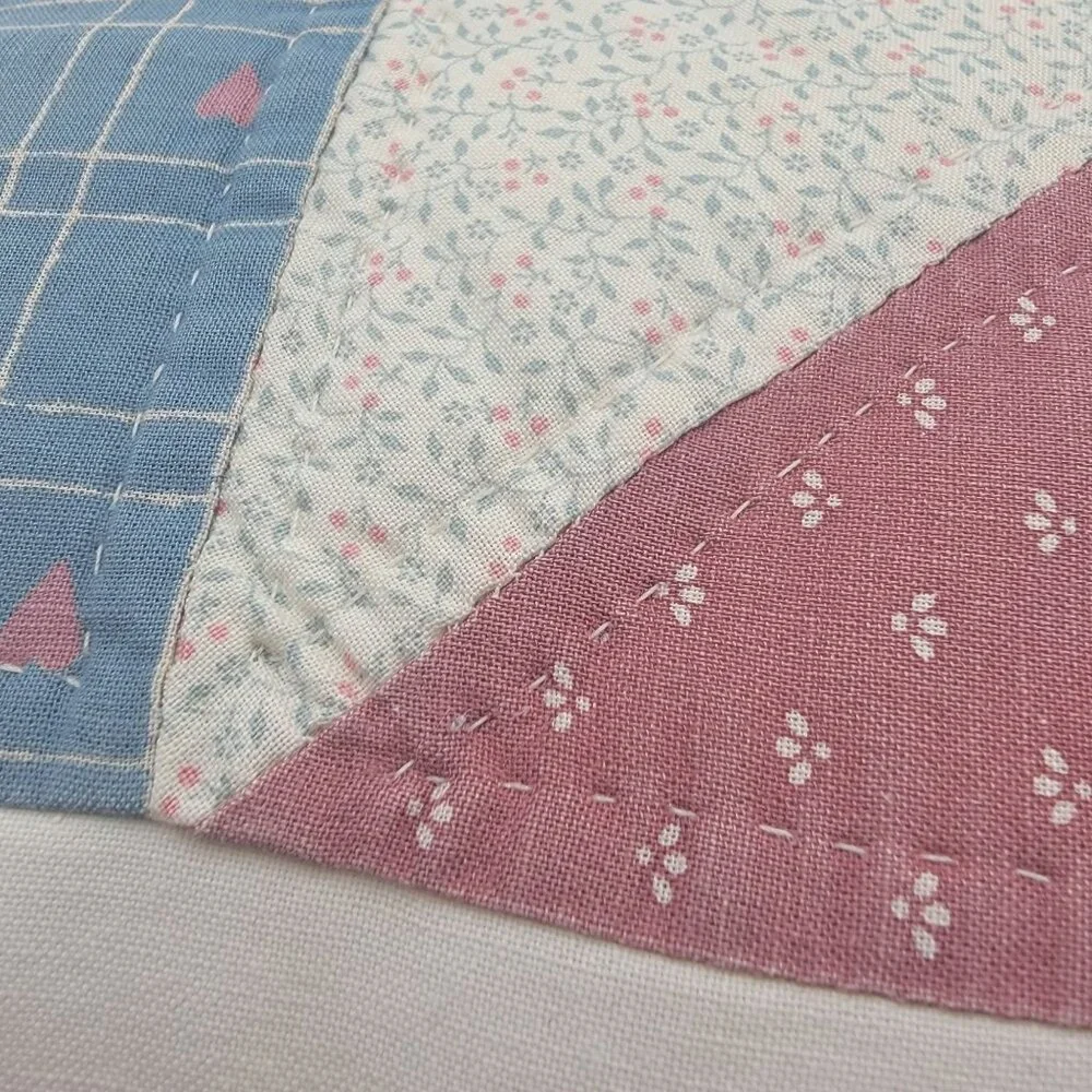 Vintage Quilted 90s 80s Throw Pillow Cottagecore Patchwork Design In Blue/Pink